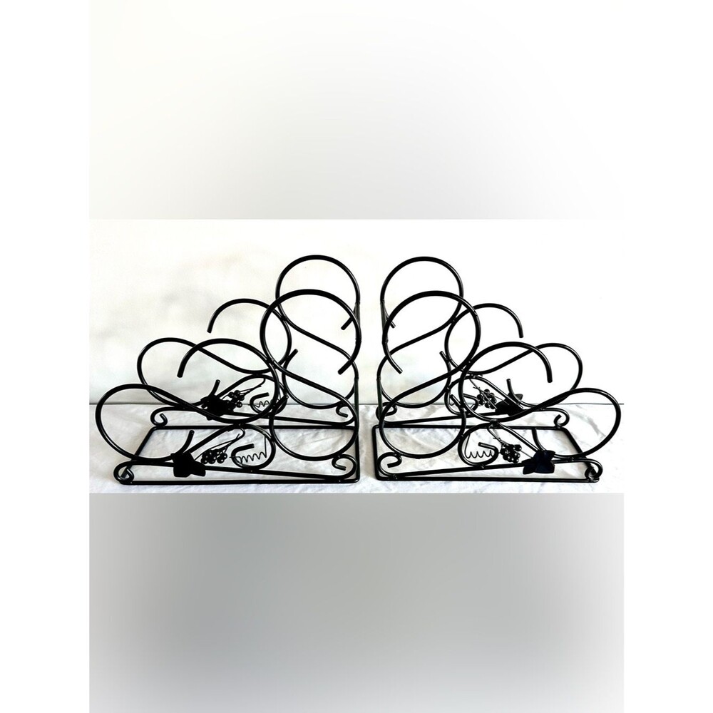 Set of 2 Black Metal Wine Bottle Holders Countertop Scroll Design Grape Accent